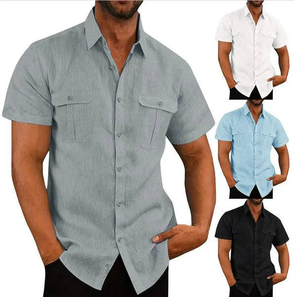 New Cotton Linen Men's Short-Sleeved Shirts Summer Solid Color Turn-down Collar Casual T-shirt Shirt Male Breathable Shirts